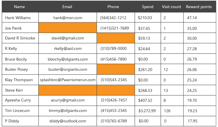A table with name, email, phone, spend, visit count, and reward points, with some emails and phones missing