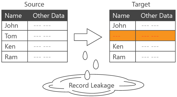 Shows 2 tables: source with names and target with names, but some names are missing. An arrow connects them with a puddle showing the words record leakage